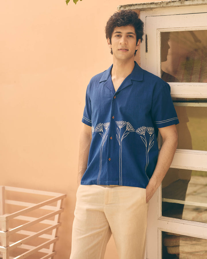 Davo Navy Cotton Flex Embroidered Shirt
