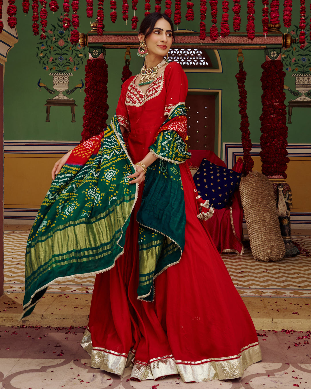 Anuroop Red Embroidered Chanderi Lehenga Set