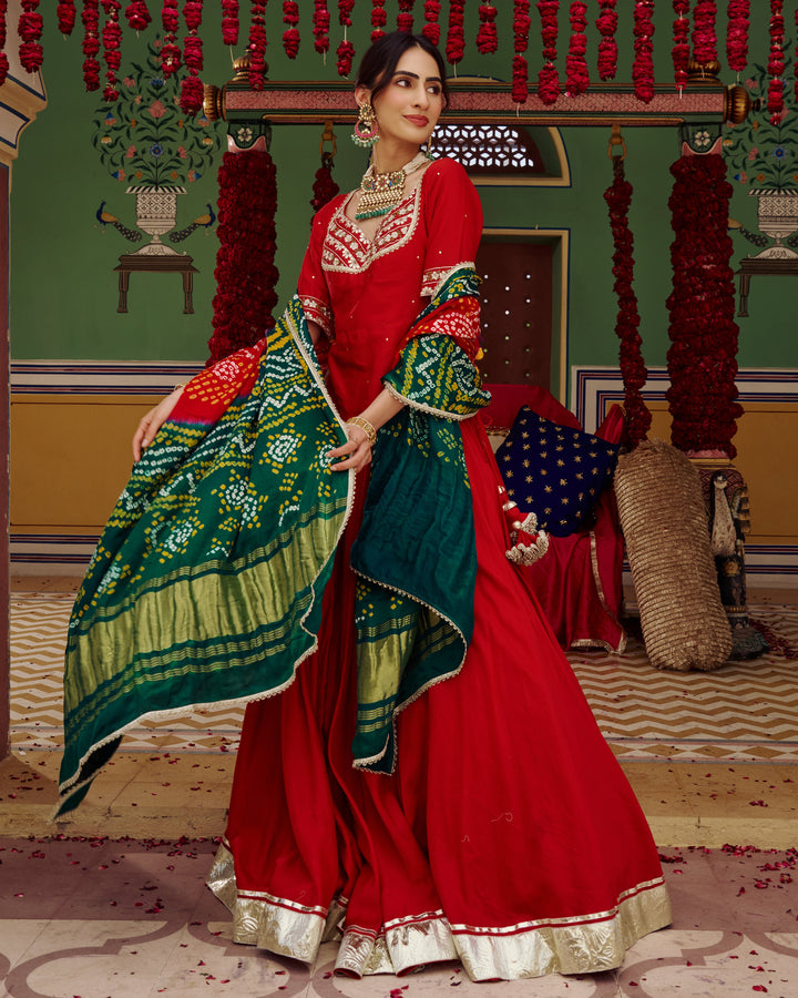 Anuroop Red Embroidered Chanderi Lehenga Set
