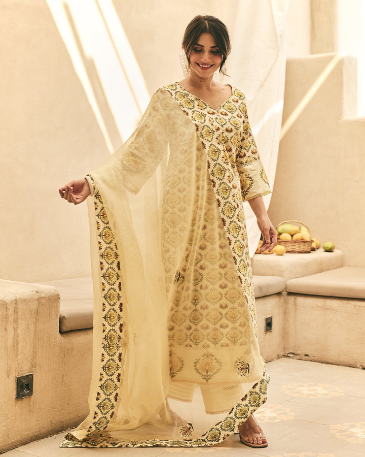 Ivara Yellow Cotton Printed Suit Set
