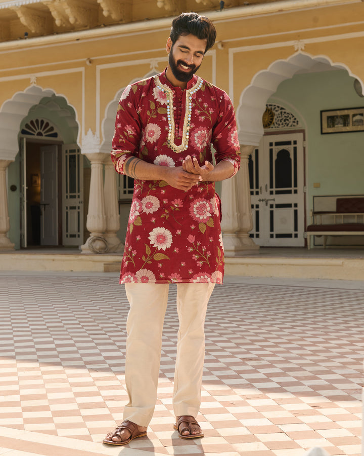 Dev Maroon Printed Chanderi Kurta