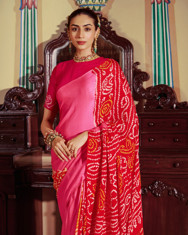 Sugandh Pink Kajol Bandhej Silk Saree