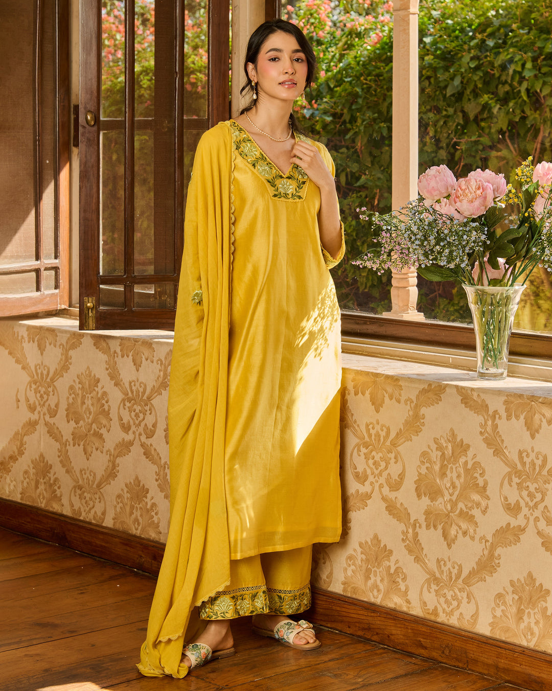 Limo Yellow Embroidered Chanderi Suit Set