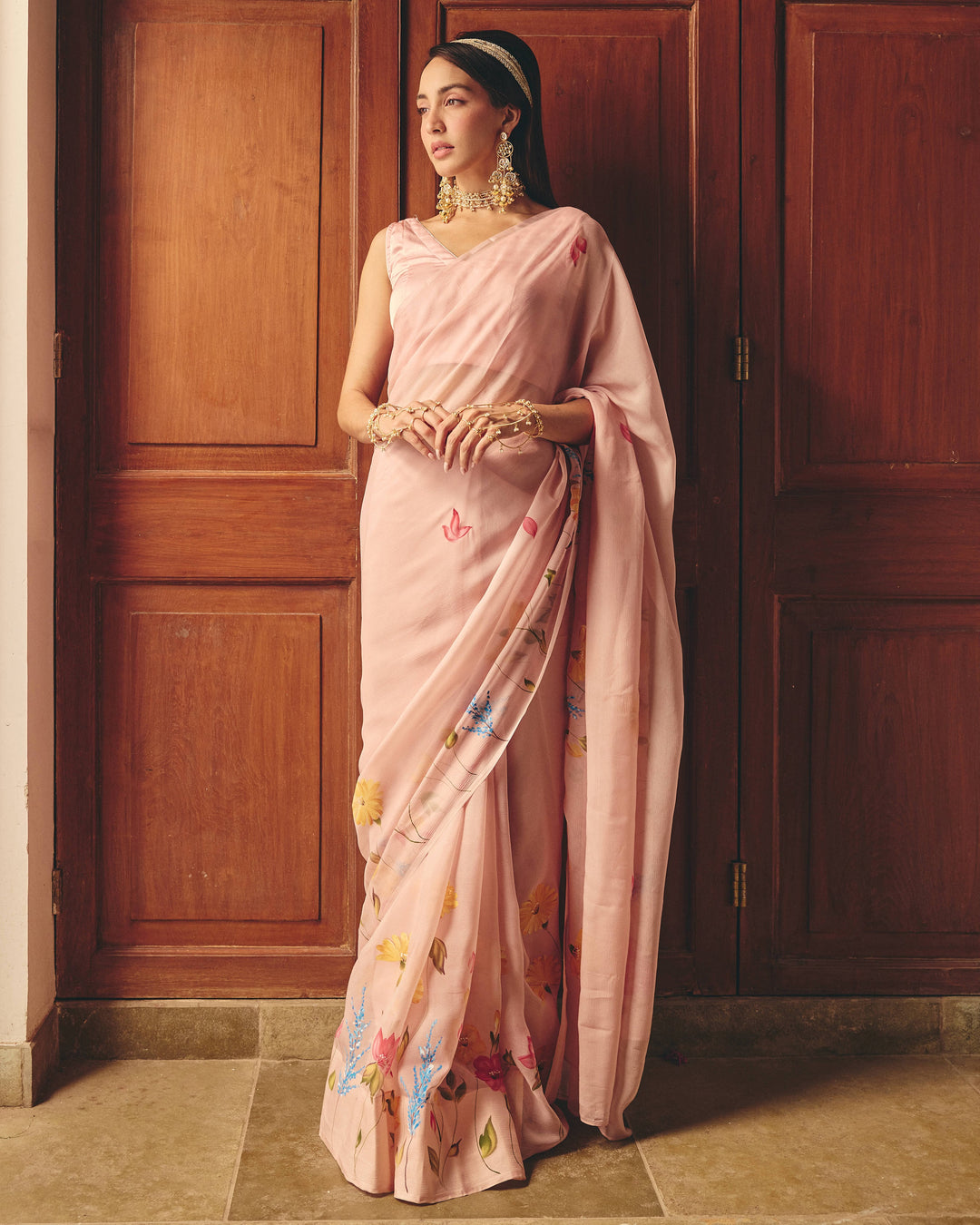 Vana Rose Pink Handpainted Chiffon Saree