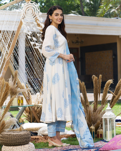 Rudra White Printed Silk Suit Set