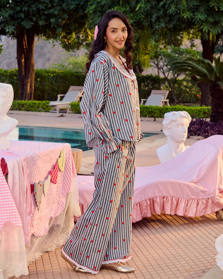 Safari Grey Cotton Stripes Printed Loungewear
