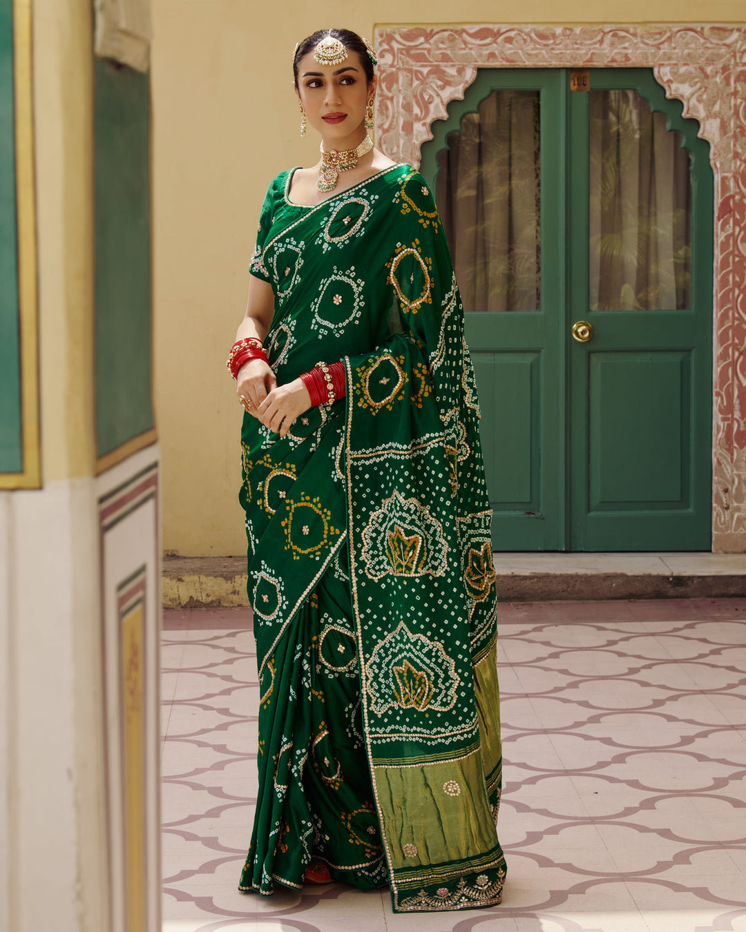 Varsha Green Embroidered Kajol Bandhej Silk Saree