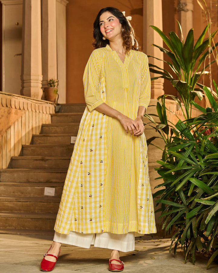 Elise Yellow Printed Stripes and Checks Cotton Kurta Set