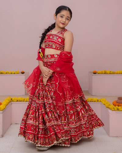 Nashra Red Printed Chanderi Lehenga Set