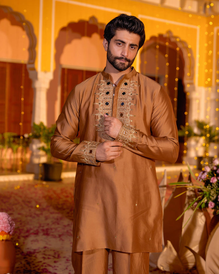 Divakar Brown Chanderi Embroidered Kurta