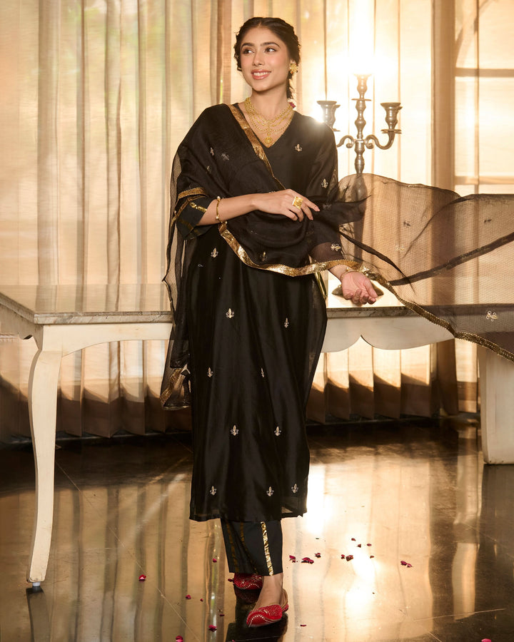 Suvarna Black Solid Chanderi Suit Set