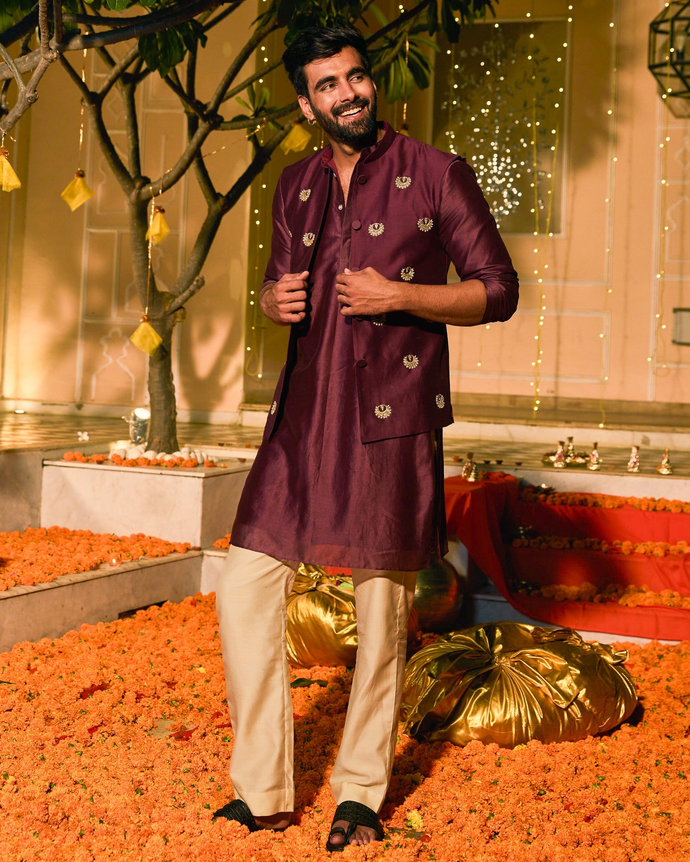 Parakram Plum Embroidered Chanderi Jacket And Kurta Set