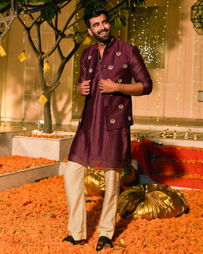 Parakram Plum Embroidered Chanderi Jacket And Kurta Set