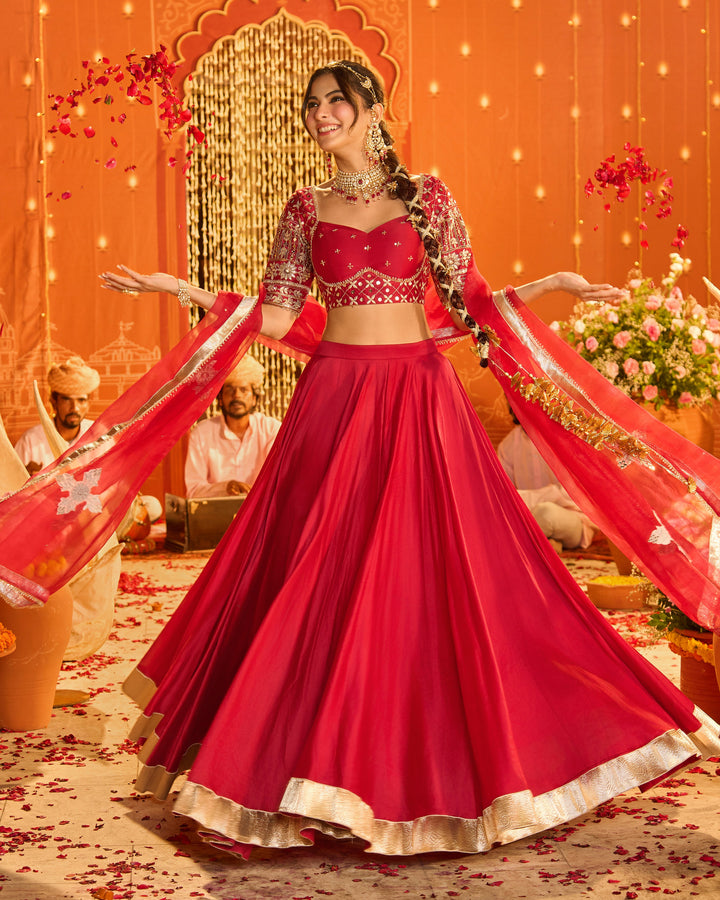 Tejvya Magenta Embroidered Chanderi Lehenga Set