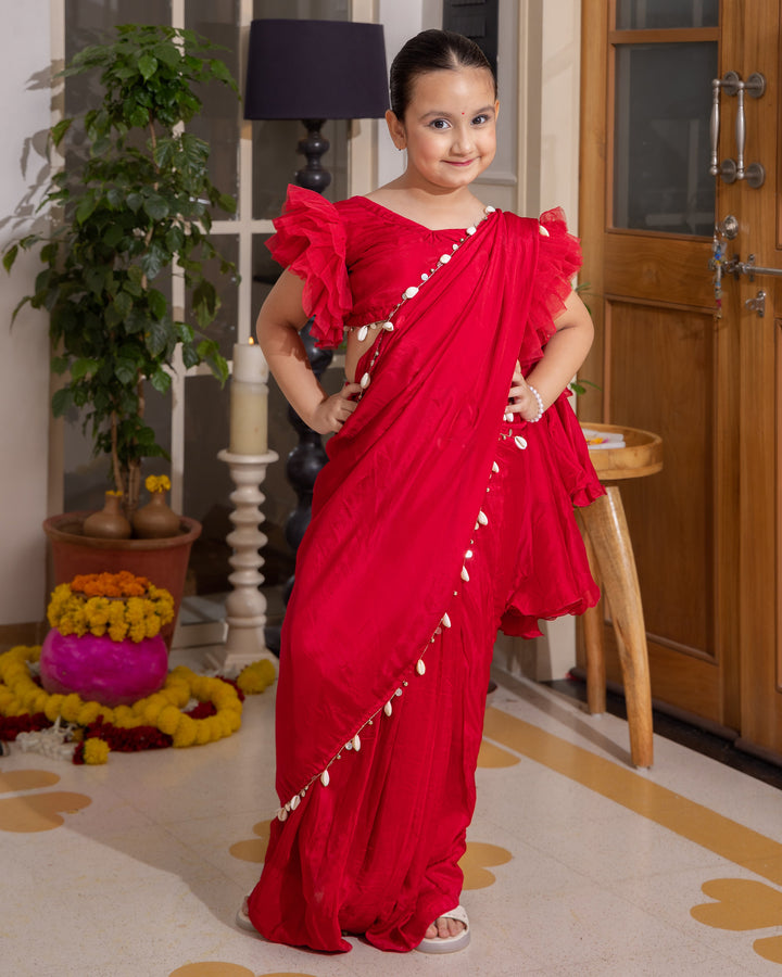 Roop Red Solid Crepe Pre Draped Saree