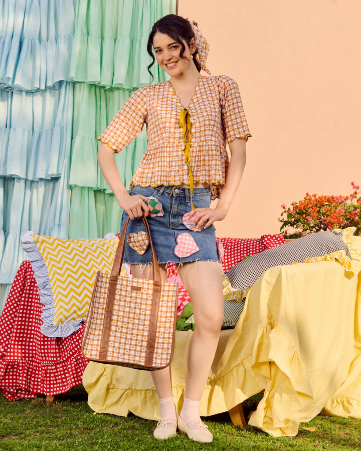 Ante Brown Cotton Checks Printed Top
