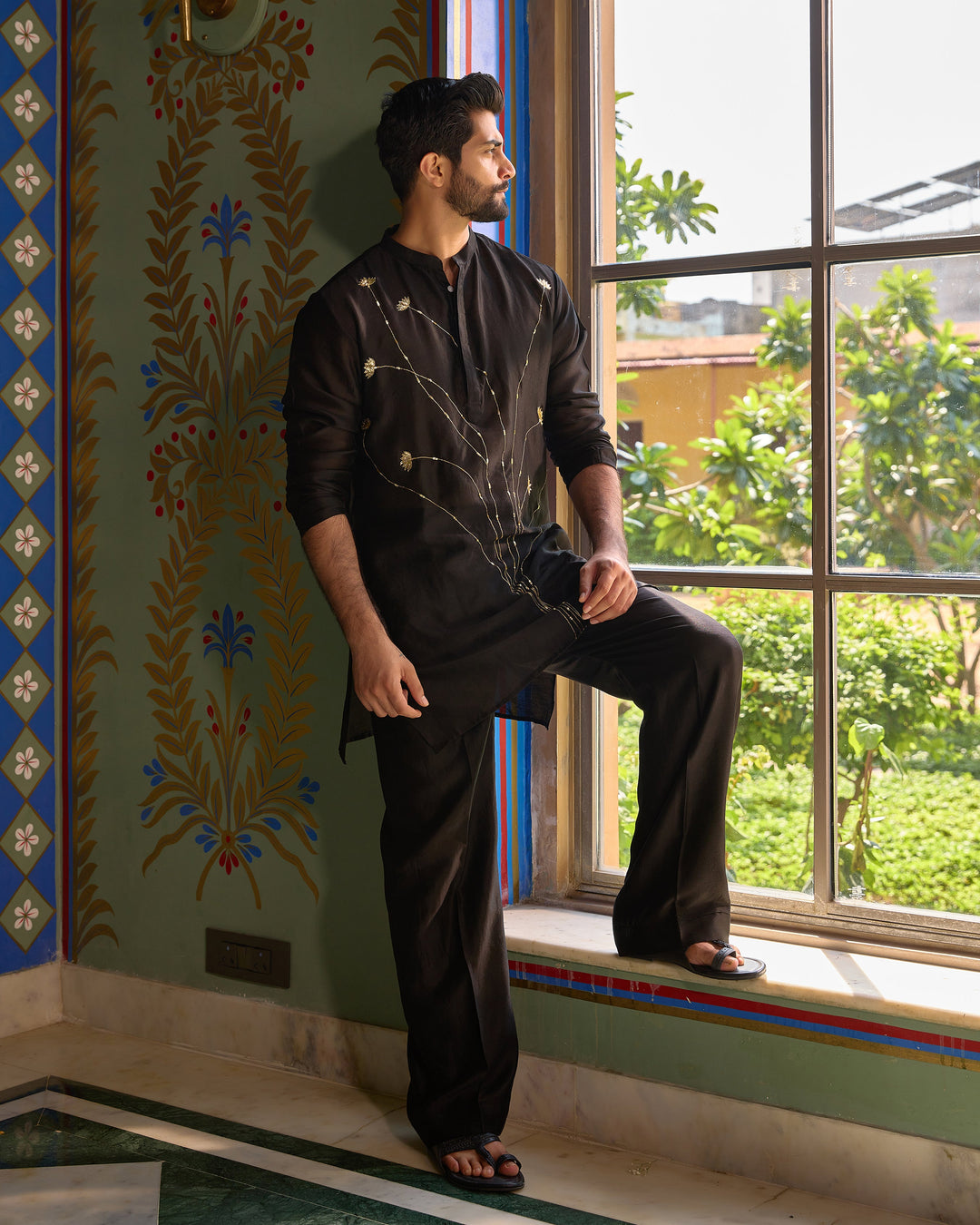 Shankar Black Chanderi Embroidered Kurta