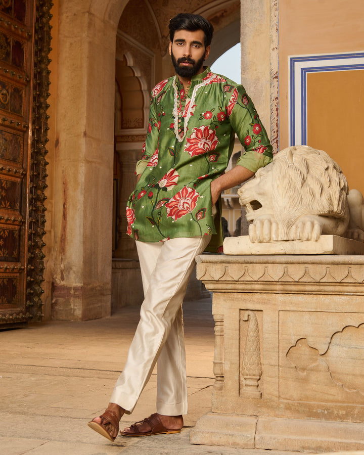 Ishaan Olive Printed Chanderi Kurta
