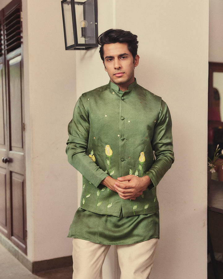 Aadvik Olive Handpainted Silk Jacket And Kurta Set
