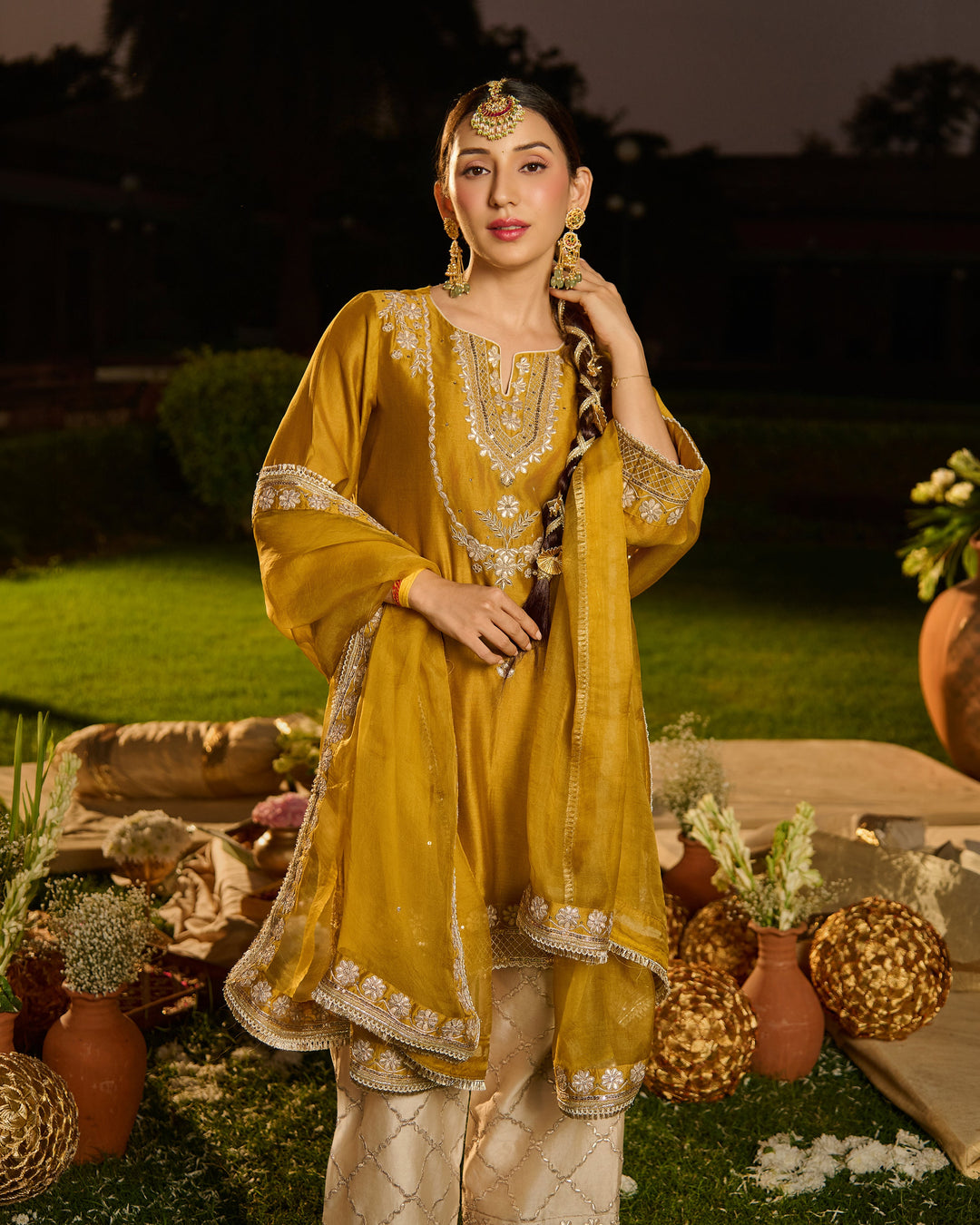 Aarvika Mustard Beige Embroidered Chanderi Suit Set