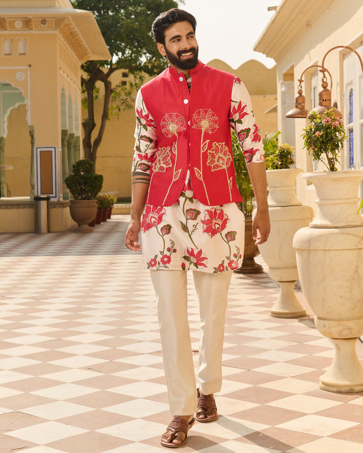 Nirav Pink Embroidered Chanderi Jacket And Printed Kurta Set