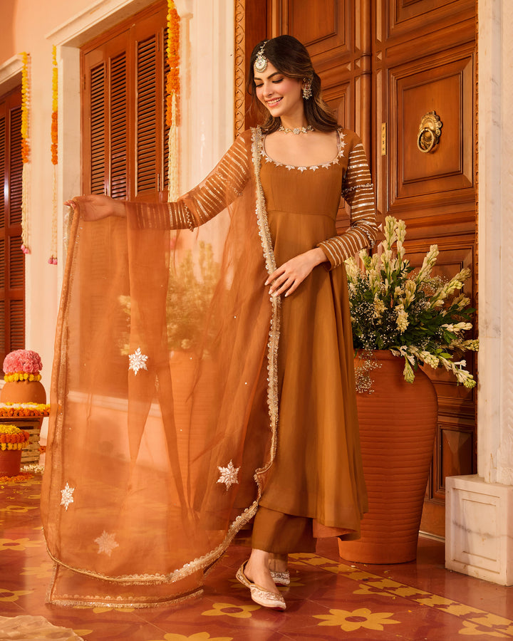 Deepvya Brown Embroidered Chanderi Suit Set