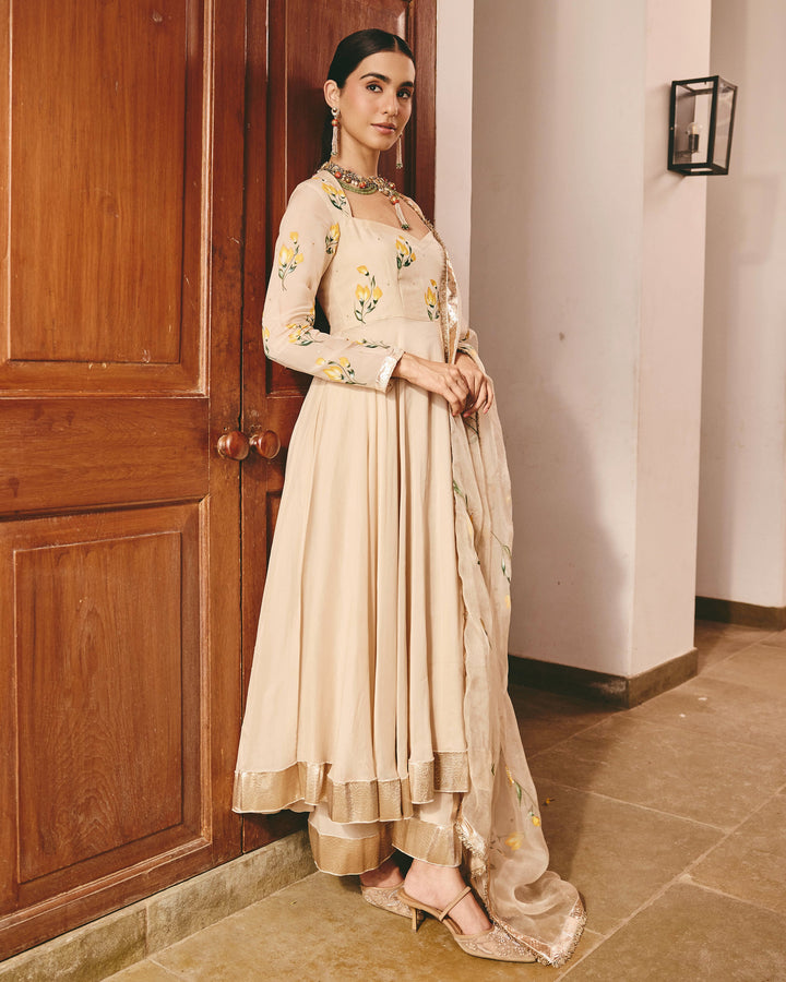 Ayzel Beige Handpainted Viscose Organza Suit Set