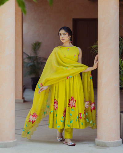Sorbet Lime Green Handpainted Cotton Suit Set