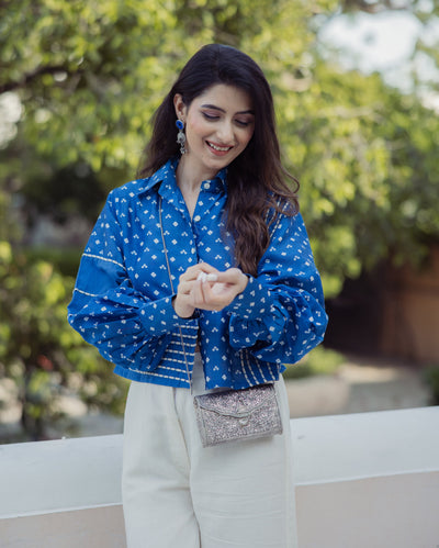 Heer Blue Bandhani Chanderi Shirt