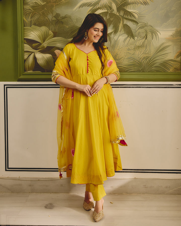 Yellow Organza Handpainted Suit Set