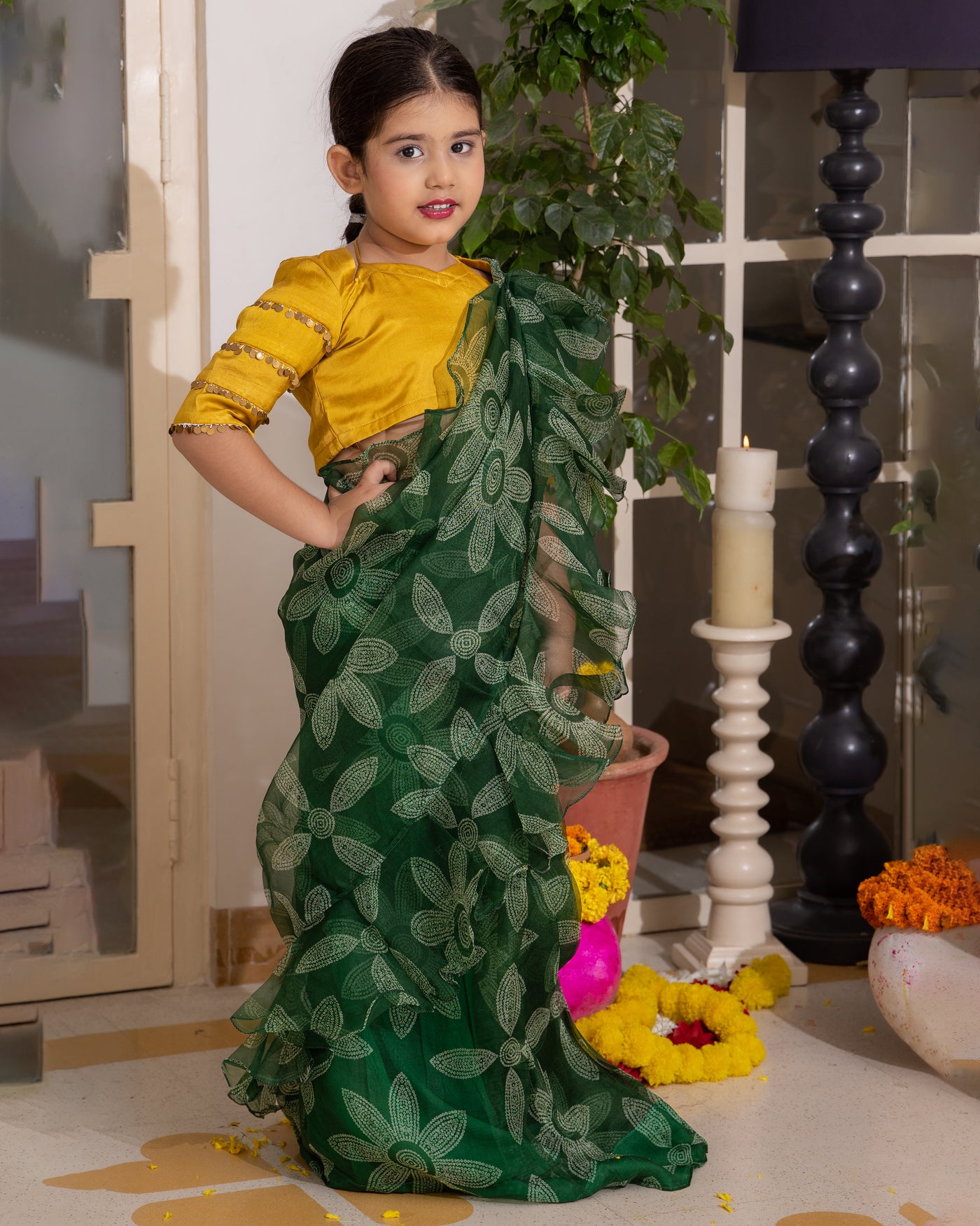 Dua Green Bandhani Organza Pre Draped Saree