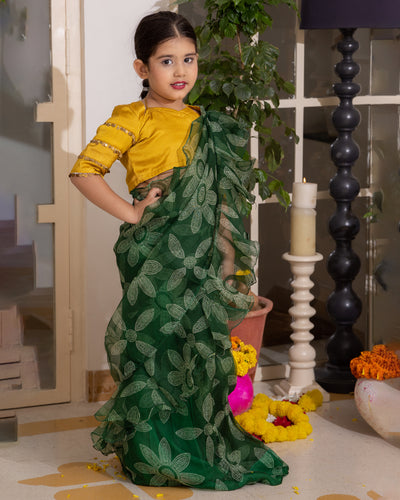 Dua Green Bandhani Organza Pre Draped Saree