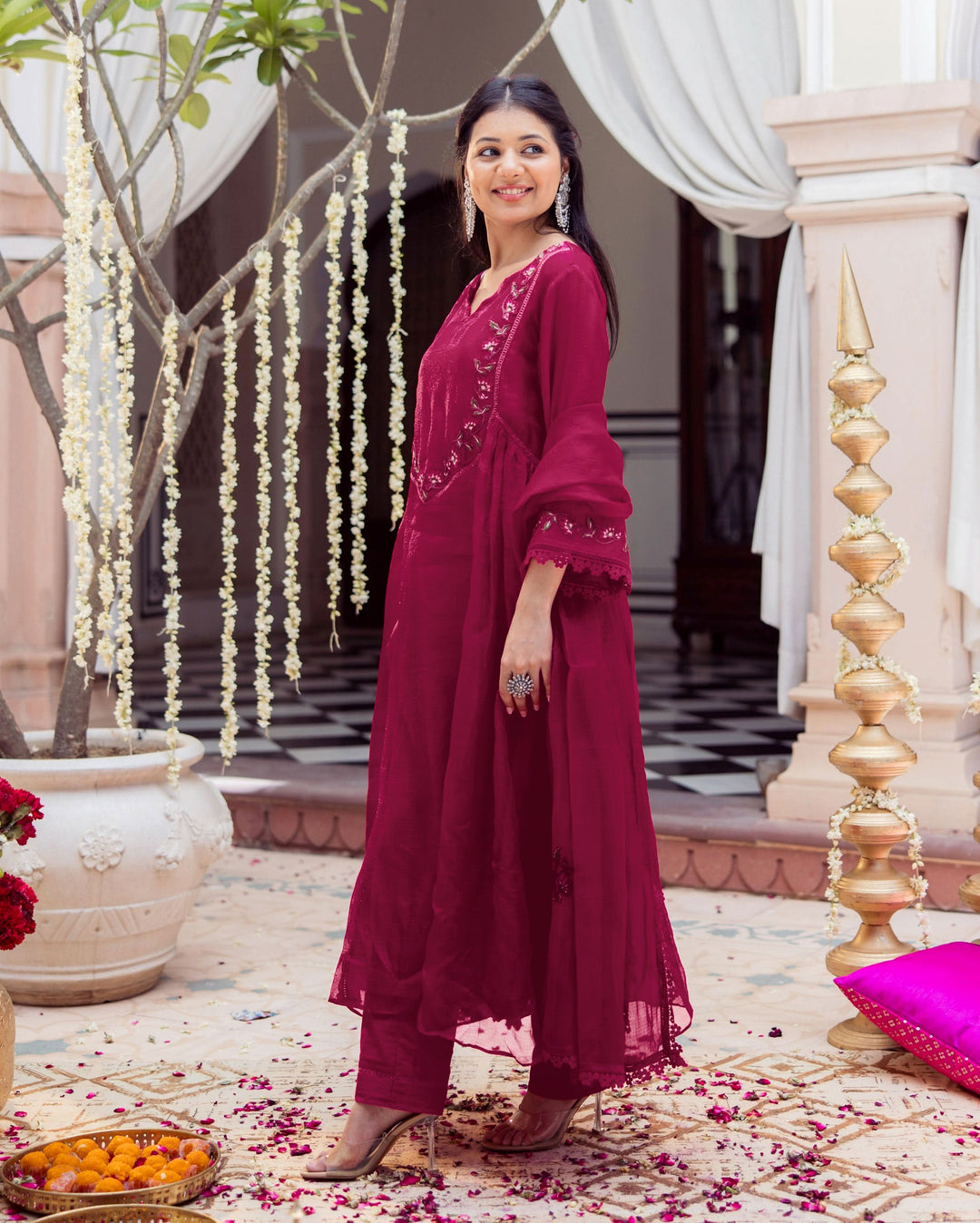 Reesh Burgundy Embroidered Doria Suit Set