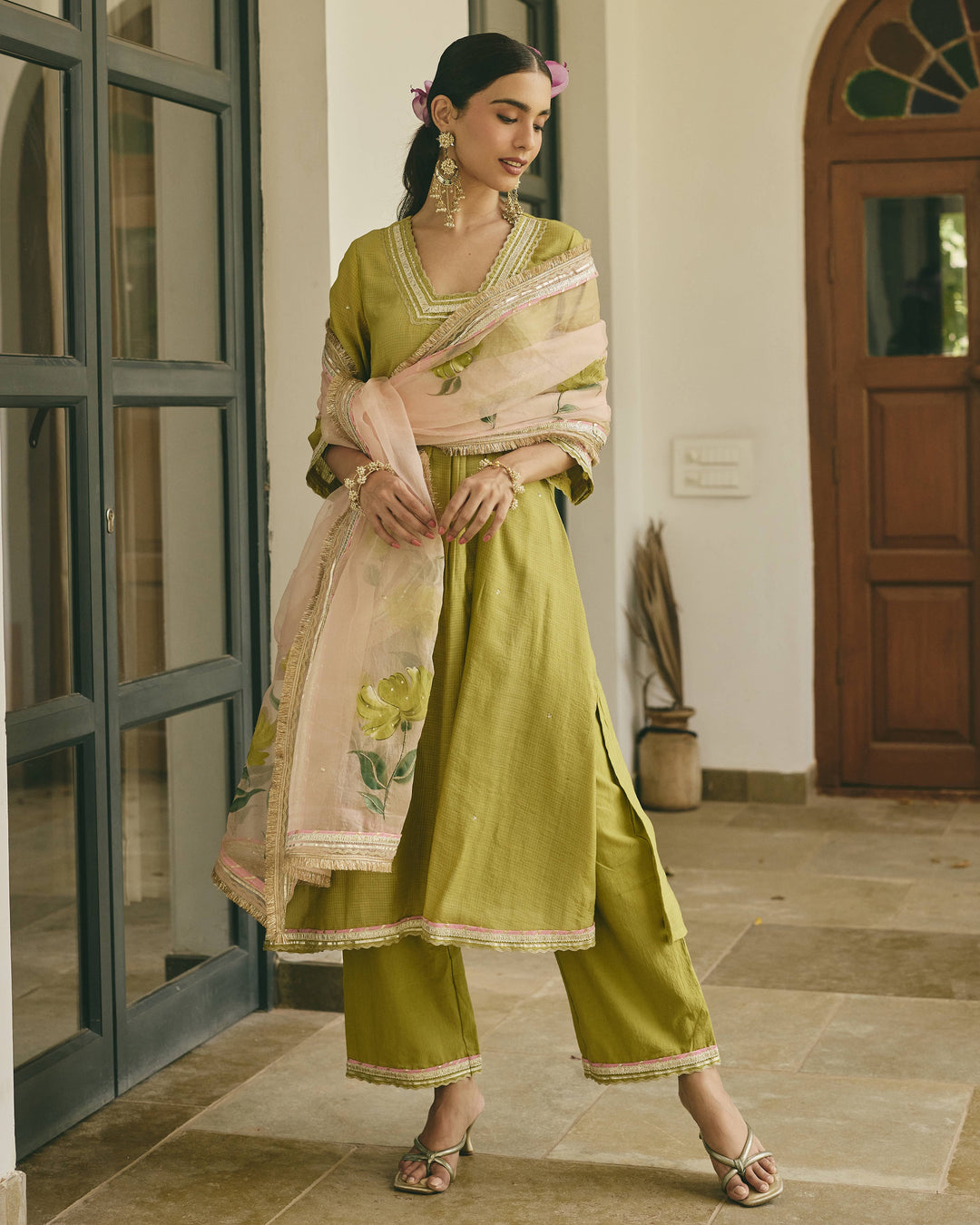 Kalvya Lime Green Handpainted Cotton Checks Suit Set