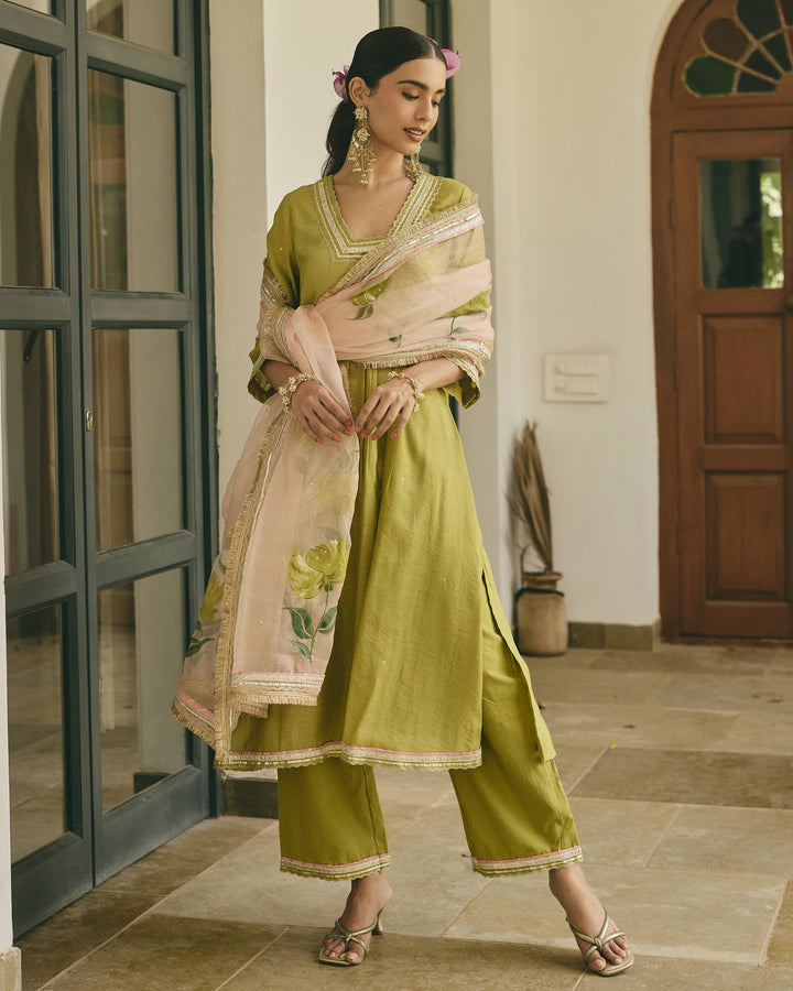 Kalvya Lime Green Handpainted Cotton Checks Suit Set