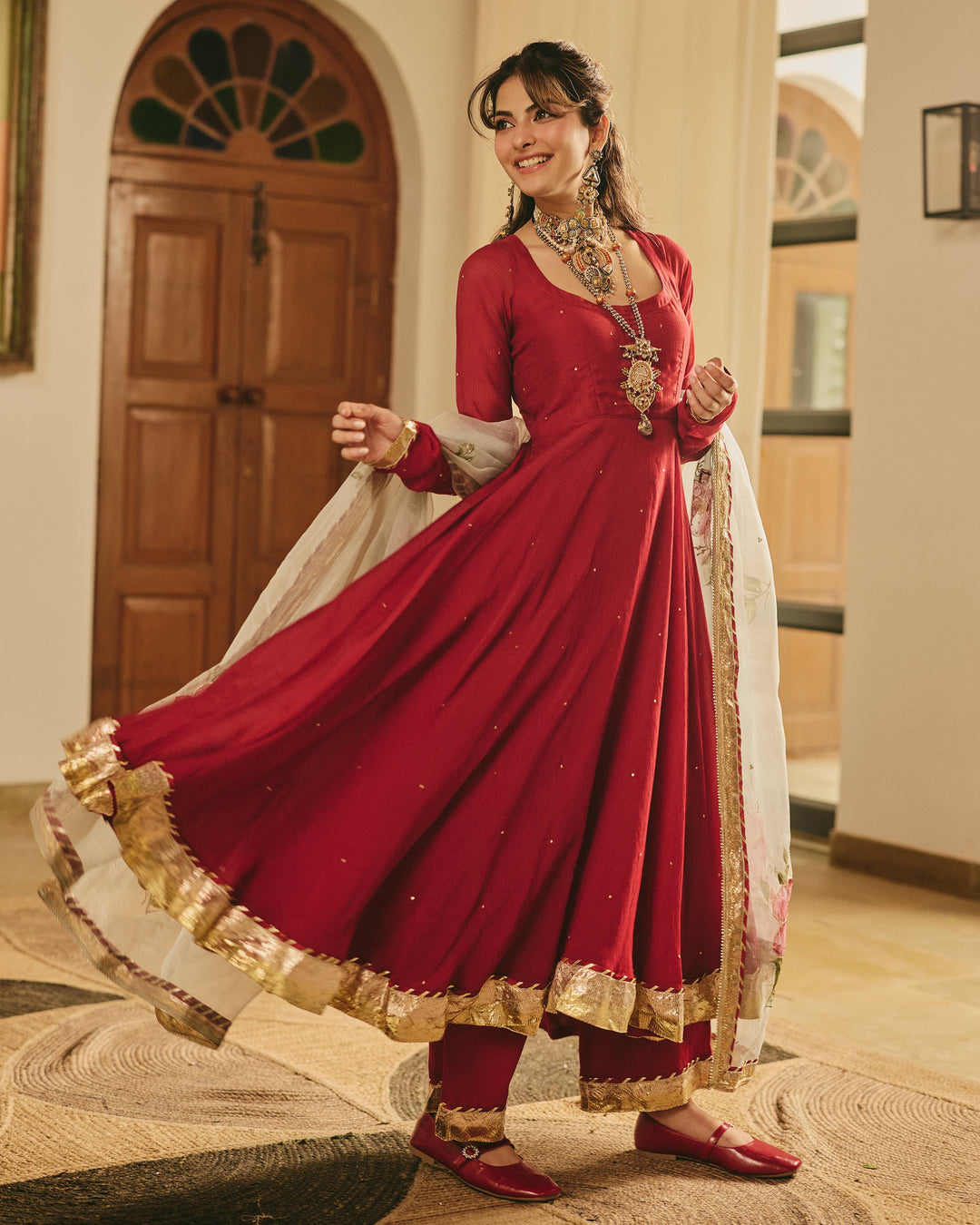 Chitrangi Maroon Handpainted Cotton Checks Suit Set