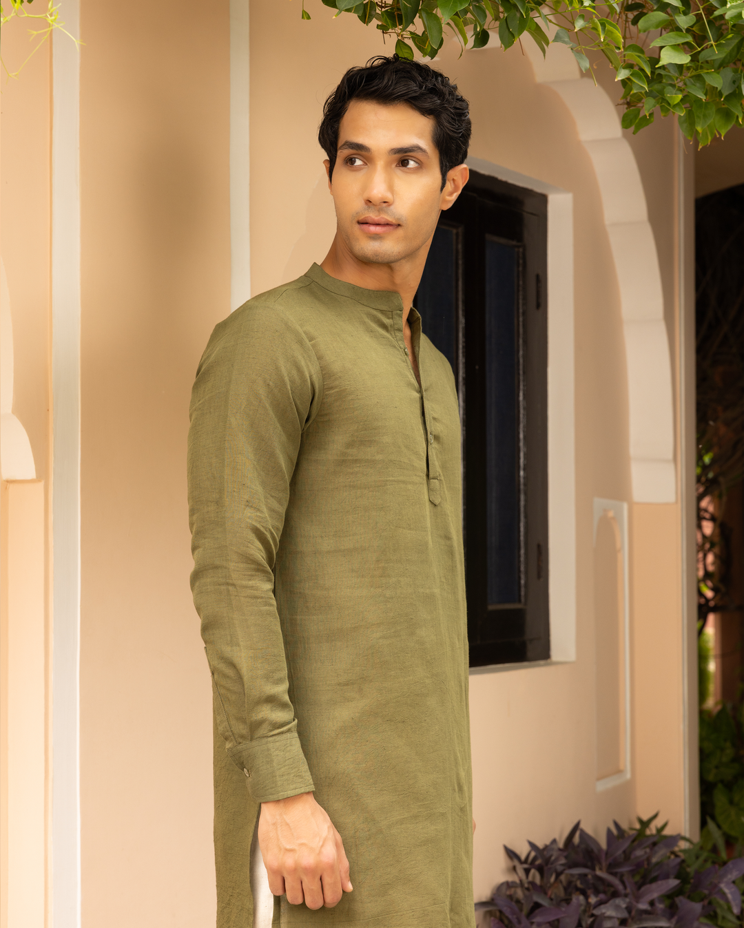 Vikrant Olive Green Solid Cotton Flex Kurta