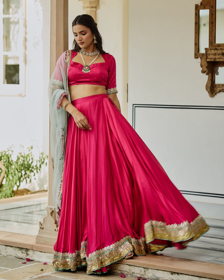 Kalvani Pink Handpainted Satin Lehenga Set