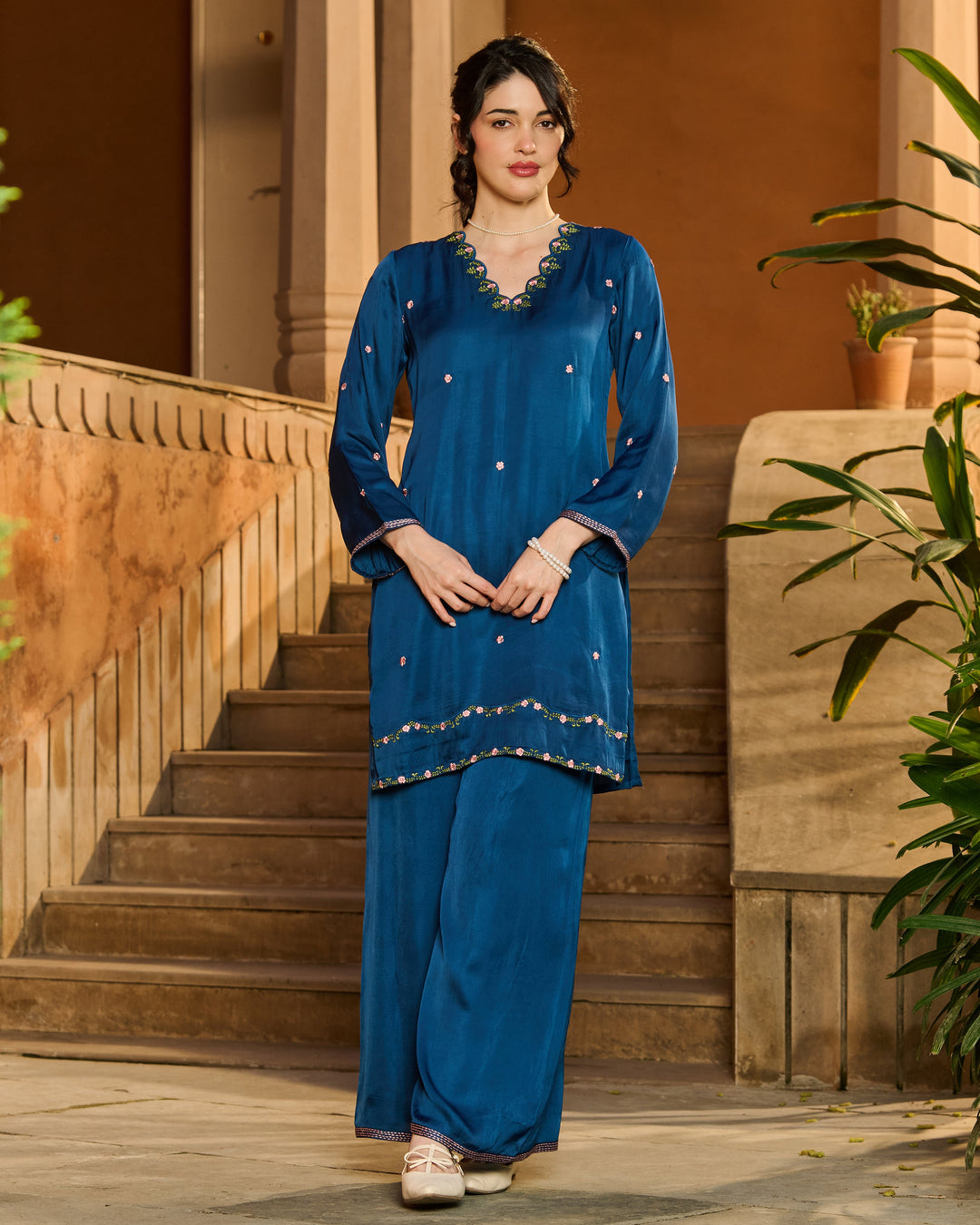 Zuri Blue Embroidered Crepe Kurta Set