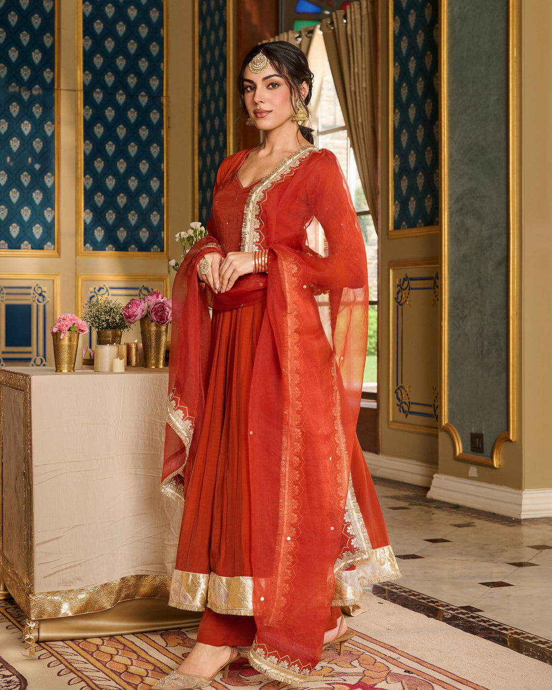Deepashri Orange Embroidered Chanderi Suit Set