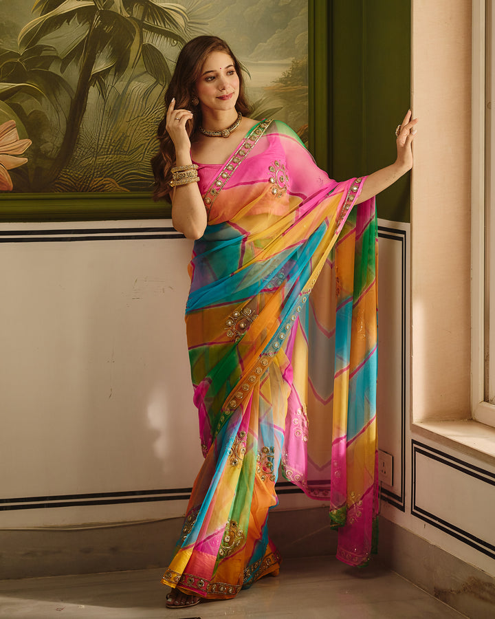 Shehnaz Dark Multi Color Leheriya Chiffon Saree
