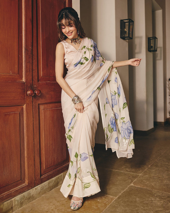 Nilambari Cream Handpainted Chiffon Saree