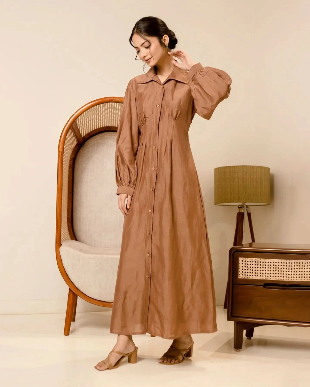 Supreme Brown Solid Cotton Shirt Dress