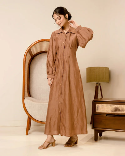 Supreme Brown Solid Cotton Shirt Dress
