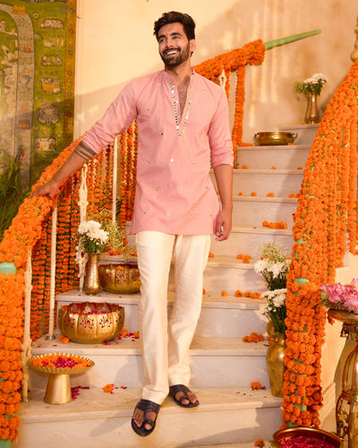 Manthan Peach Embroidered Chanderi Kurta