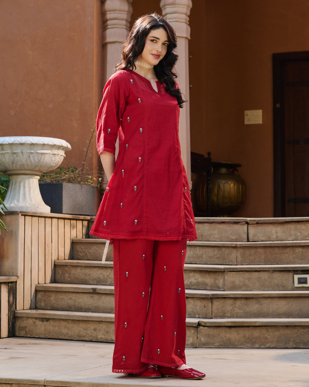 Sola Red Embroidered Doria Kurta Set