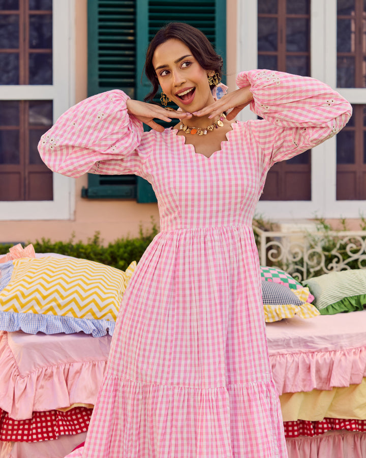 Nusrat Light Pink Embroidered Cotton Checks Dress
