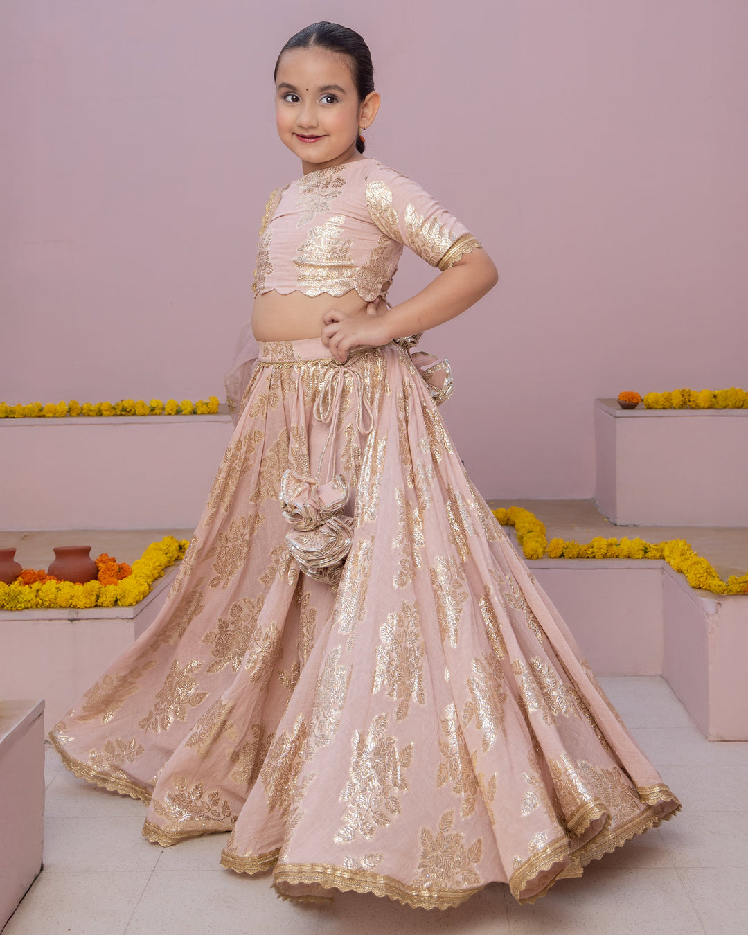 Aaru Pink Solid Jacquard Lehenga Set