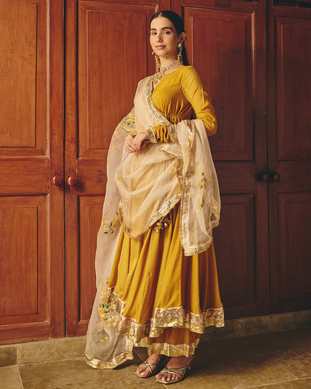Alekya Mustard Handpainted Cotton Checks Suit Set