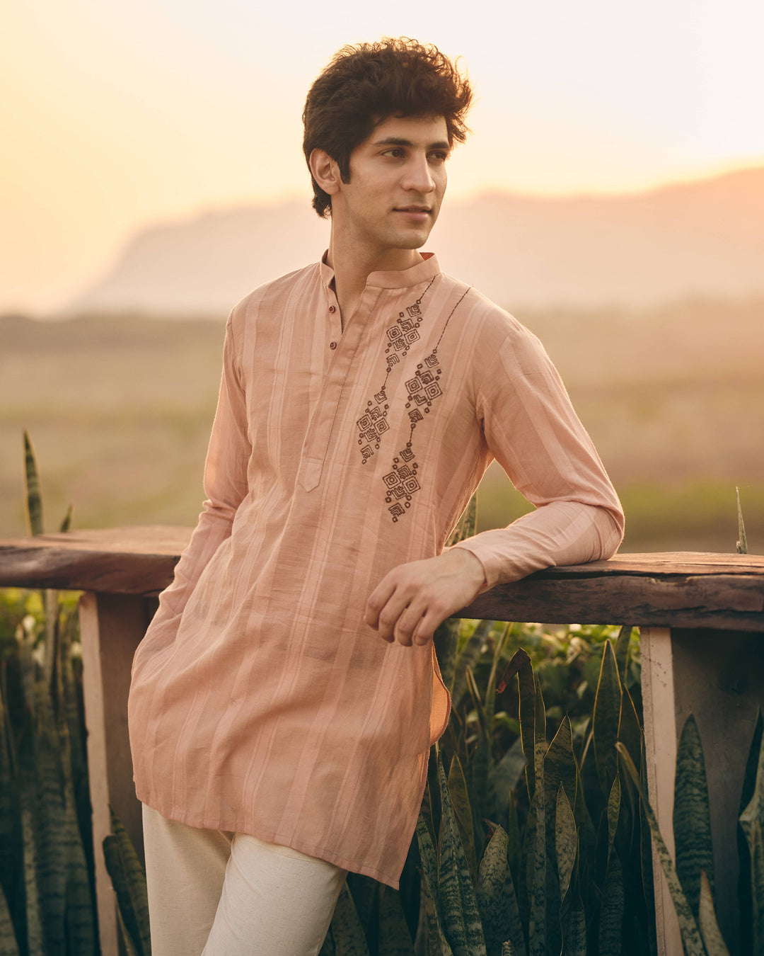 Brix Brown Cotton Dobby Embroidered Shirt